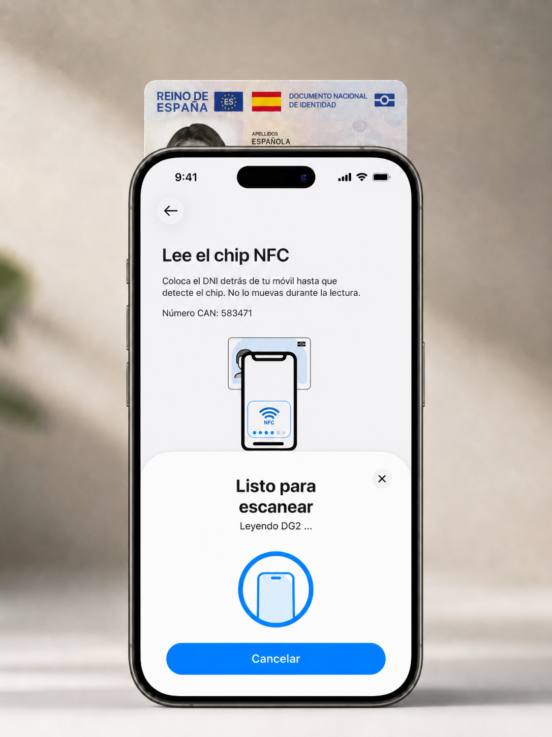 Reading the NFC chip on an ID card: hold the card behind the phone, just like a contactless payment