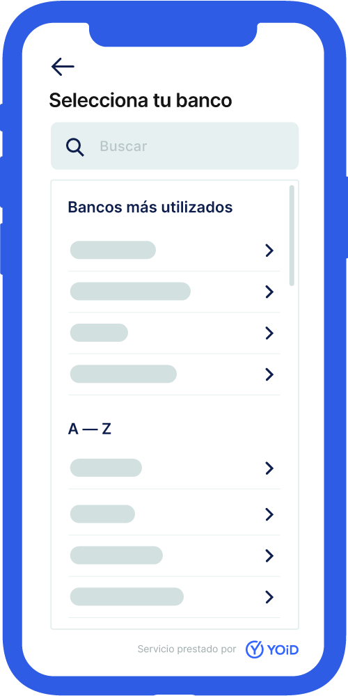 Pantalla de selección del banco de la aplicación