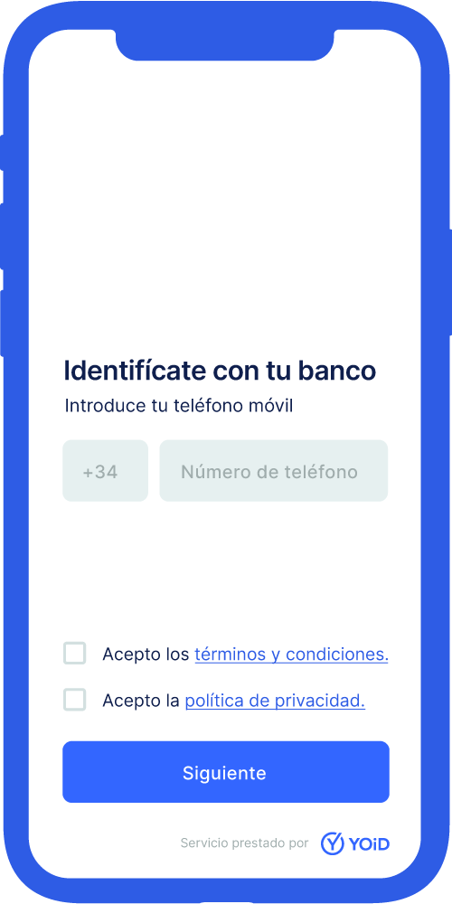 Pantalla de introducción de número de móvil de la aplicación