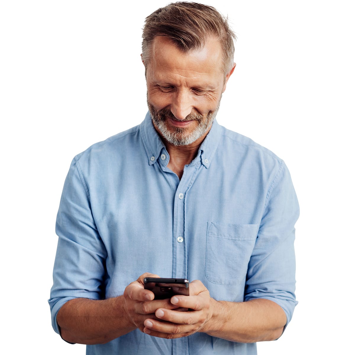 Smiling man consulting a smartphone